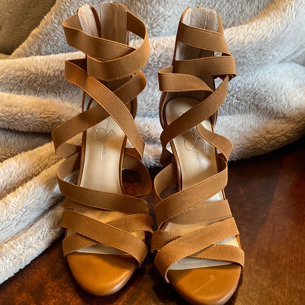 Jessica Simpson camel colored Elastic Strappy heels! Size 8.5
